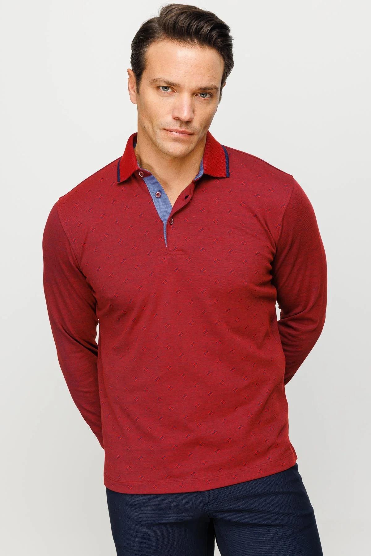 701Erkek Polo Yaka Kare Desenli Uzun Kollu Sweatshirt Bordo