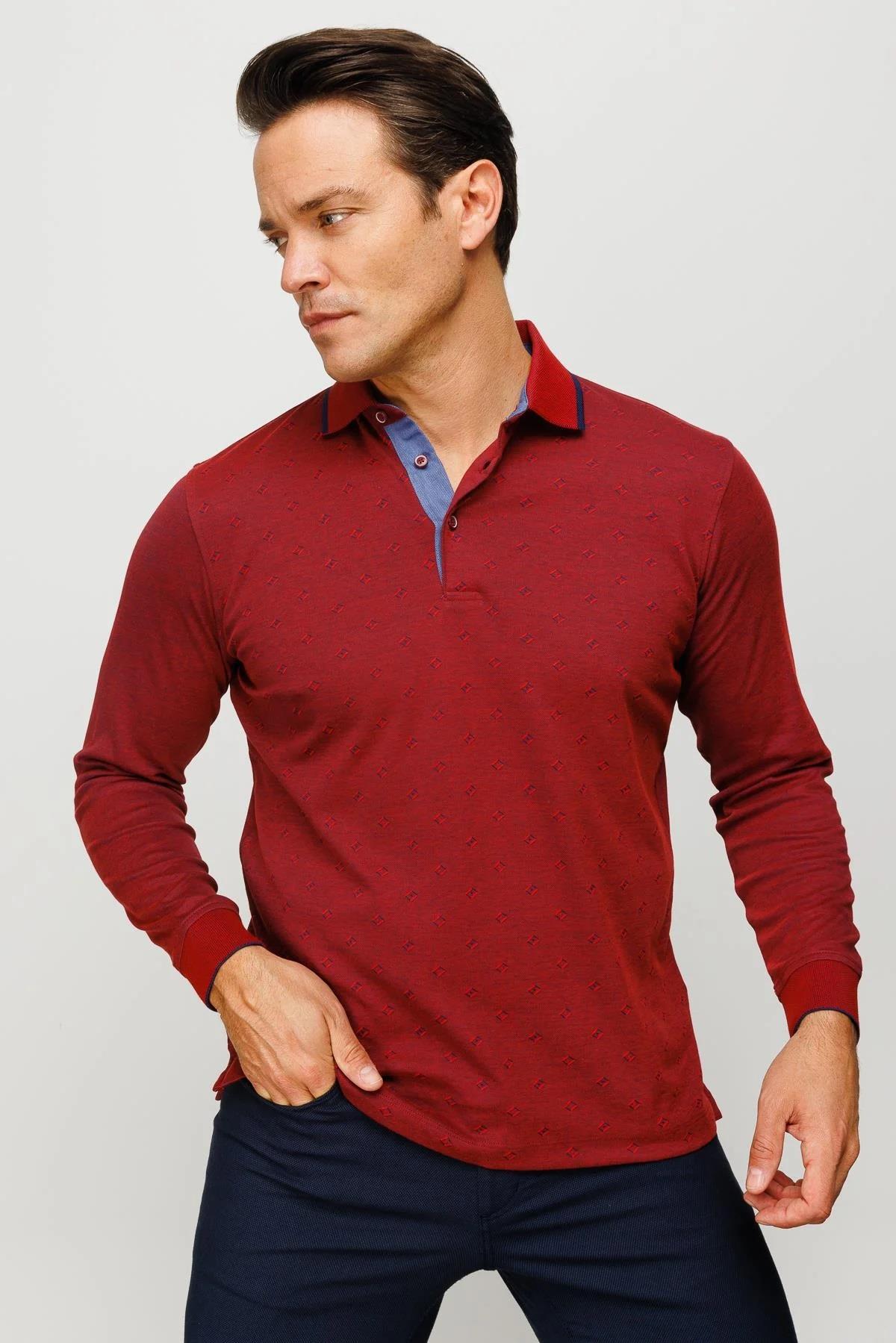 701Erkek Polo Yaka Kare Desenli Uzun Kollu Sweatshirt Bordo
