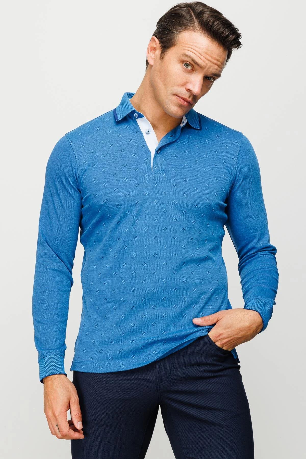 701Erkek Polo Yaka Kare Desenli Uzun Kollu Sweatshirt Saks