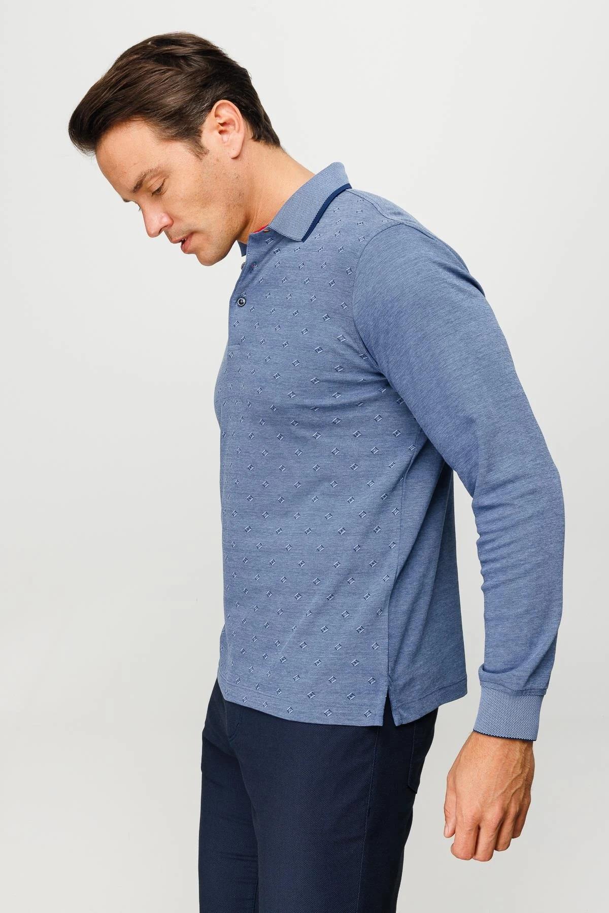 701Erkek Polo Yaka Kare Desenli Uzun Kollu Sweatshirt Lacivert