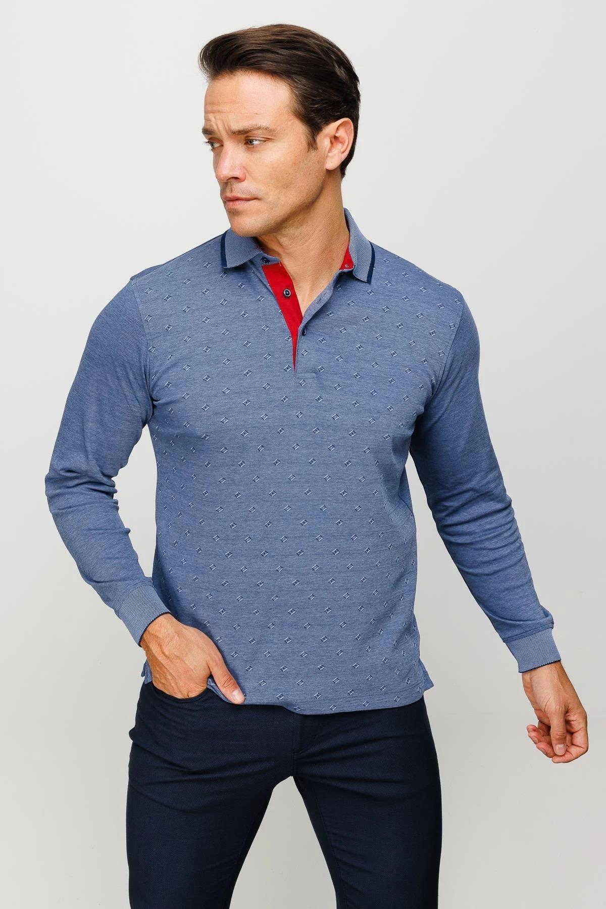 701Erkek Polo Yaka Kare Desenli Uzun Kollu Sweatshirt Lacivert