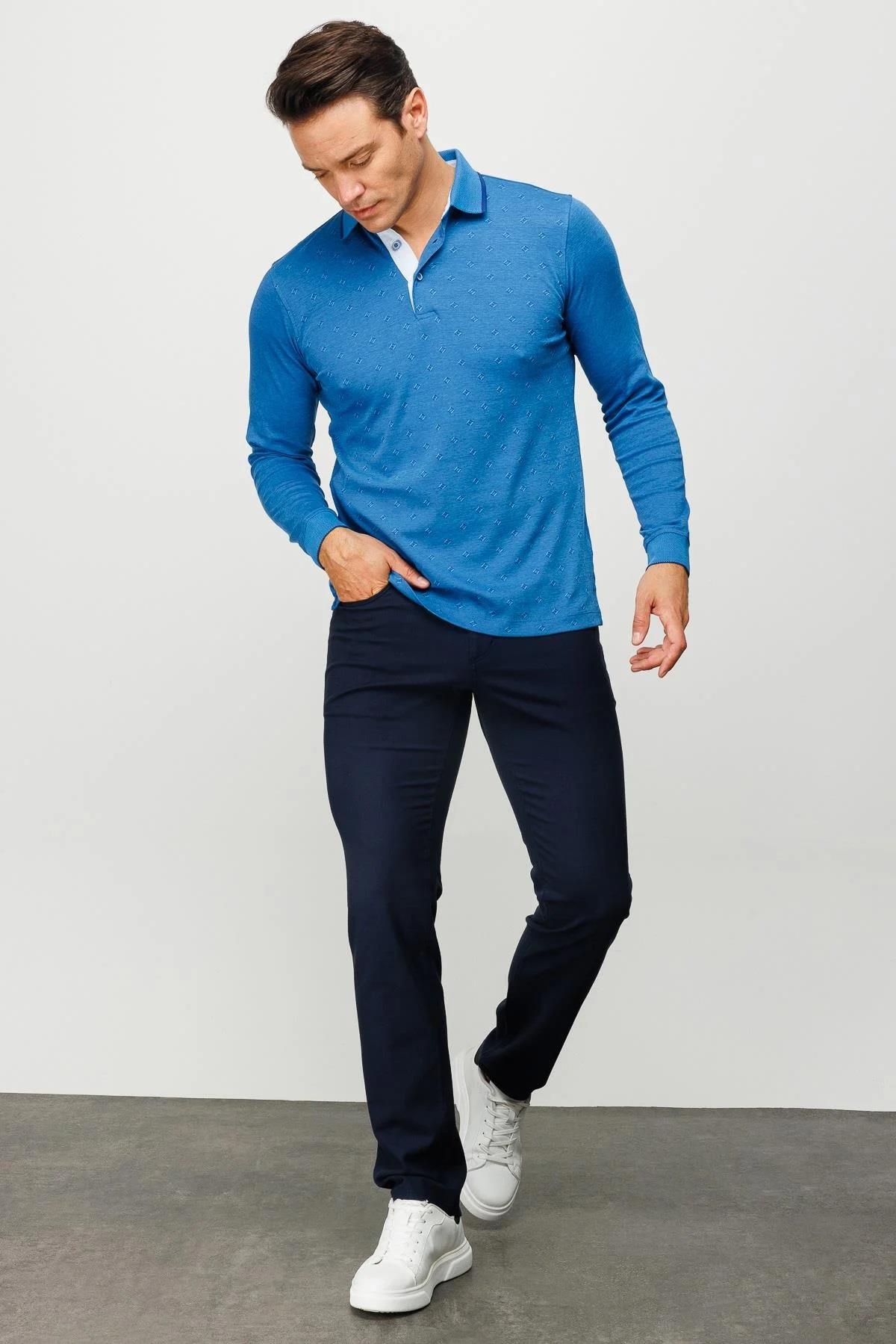 701Erkek Polo Yaka Kare Desenli Uzun Kollu Sweatshirt Saks