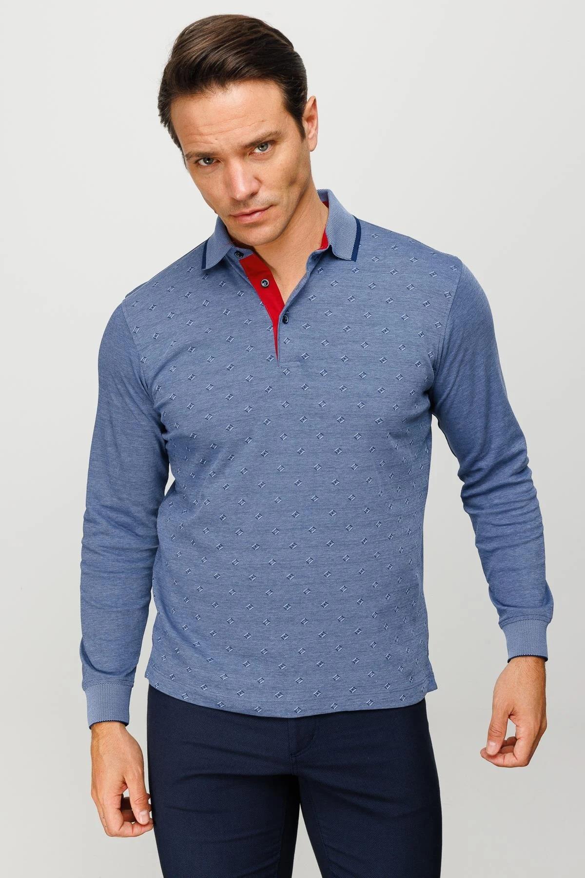 701Erkek Polo Yaka Kare Desenli Uzun Kollu Sweatshirt Lacivert