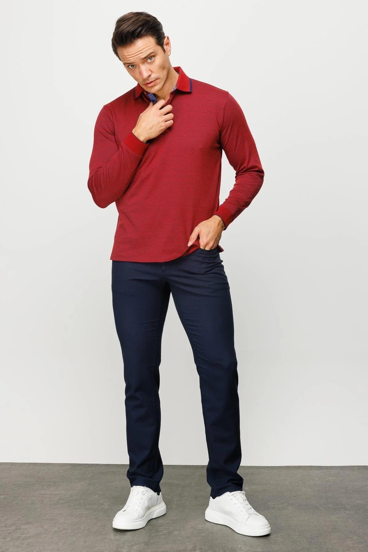 701Erkek Polo Yaka Kare Desenli Uzun Kollu Sweatshirt Bordo