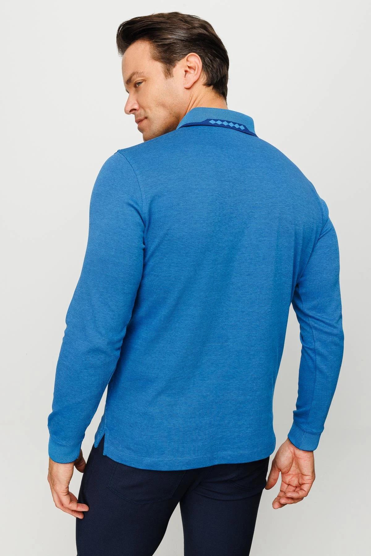 701Erkek Polo Yaka Kare Desenli Uzun Kollu Sweatshirt Saks