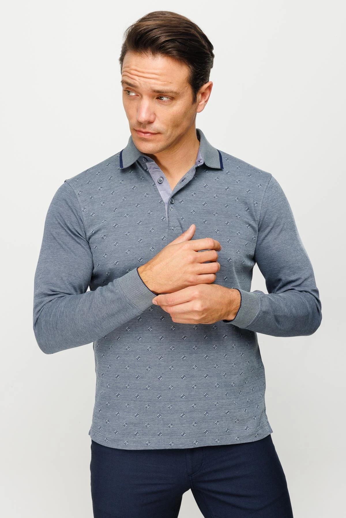 701Erkek Polo Yaka Kare Desenli Uzun Kollu Sweatshirt Füme