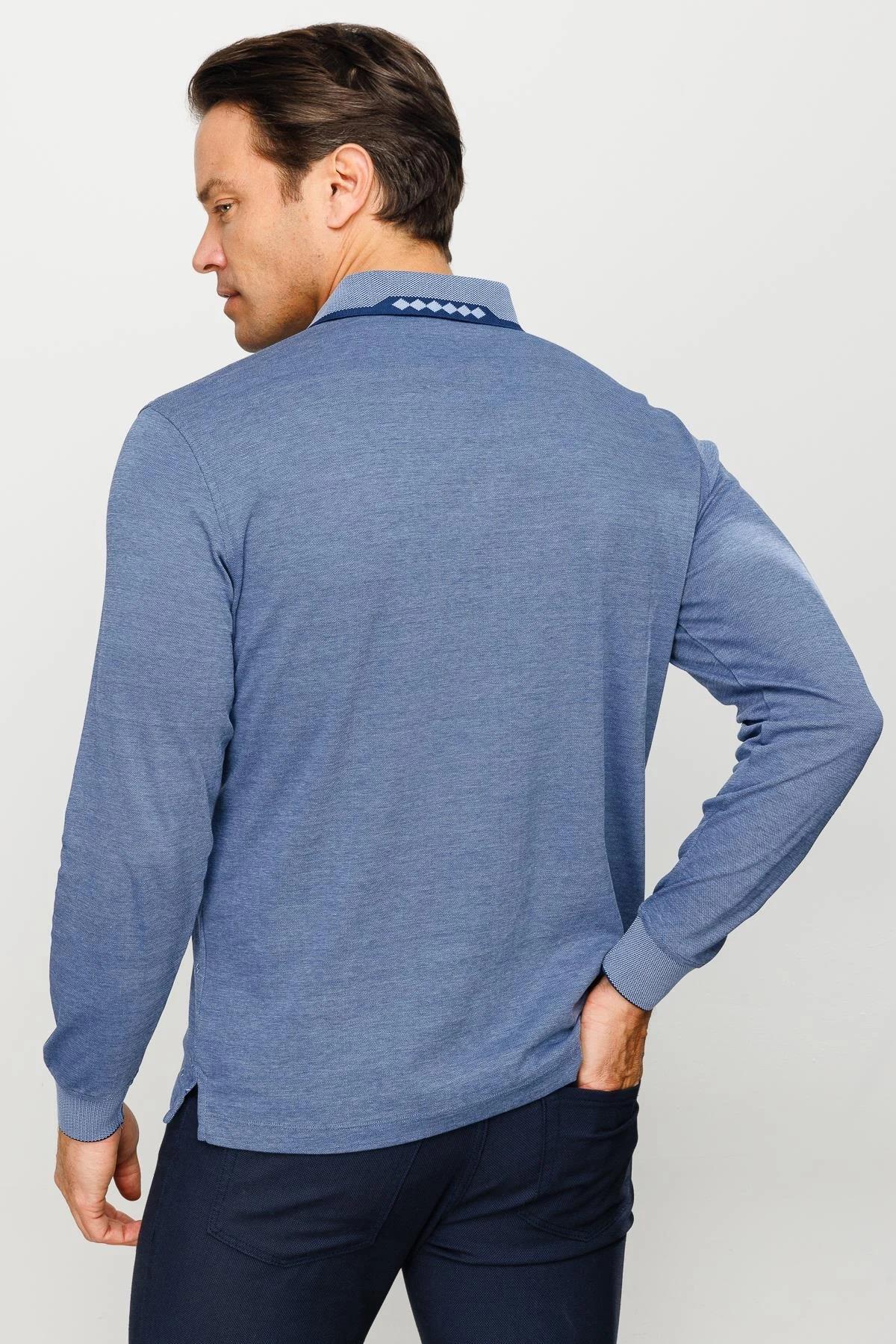 701Erkek Polo Yaka Kare Desenli Uzun Kollu Sweatshirt Lacivert