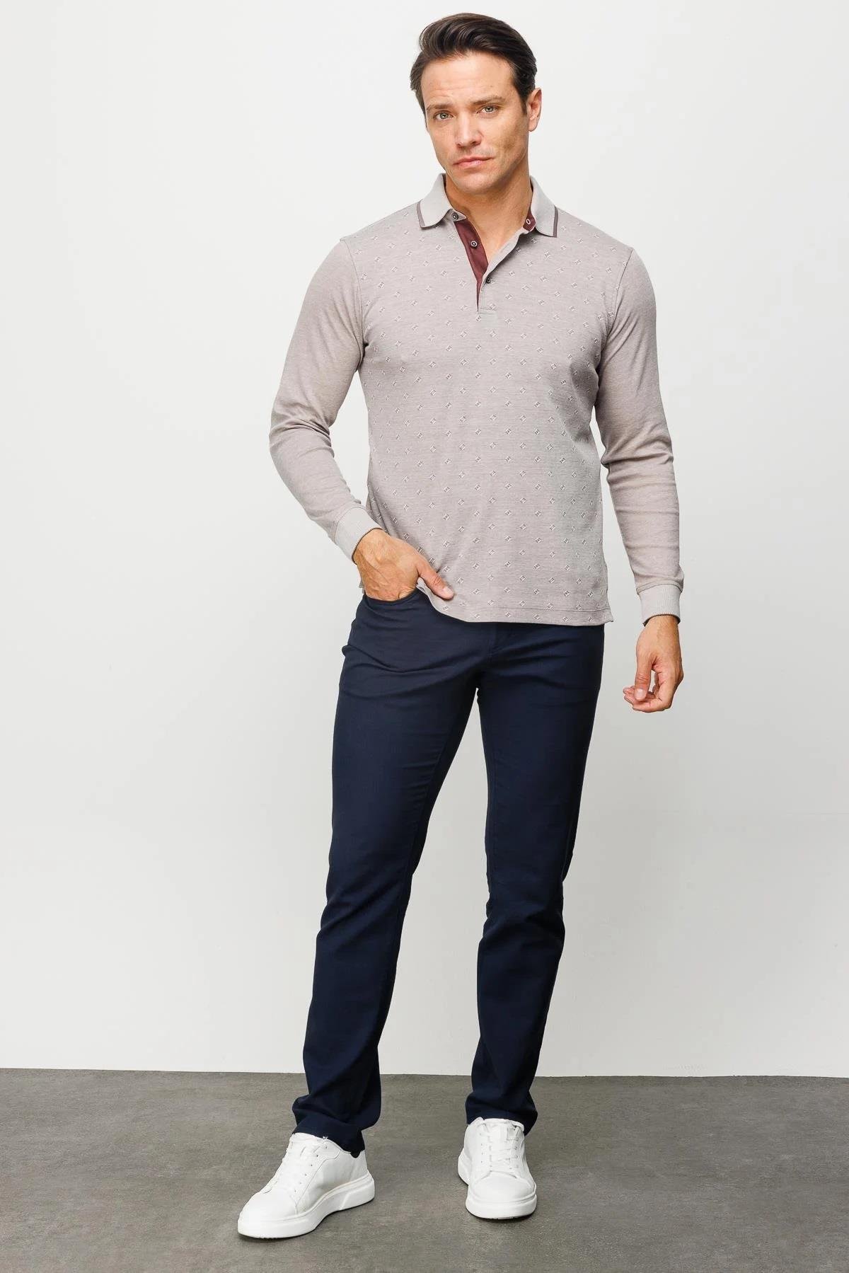 701Erkek Polo Yaka Kare Desenli Uzun Kollu Sweatshirt Bej