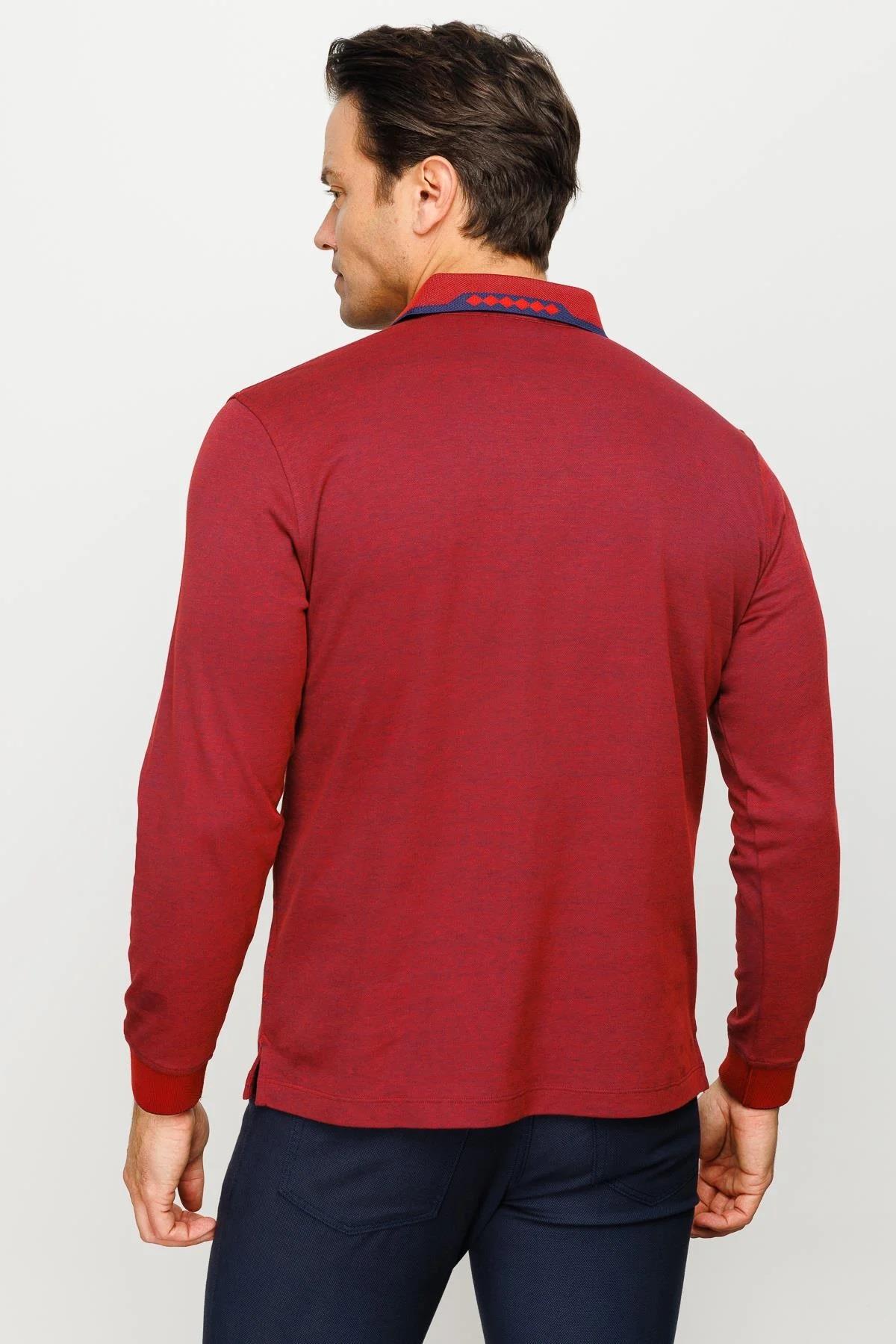 701Erkek Polo Yaka Kare Desenli Uzun Kollu Sweatshirt Bordo