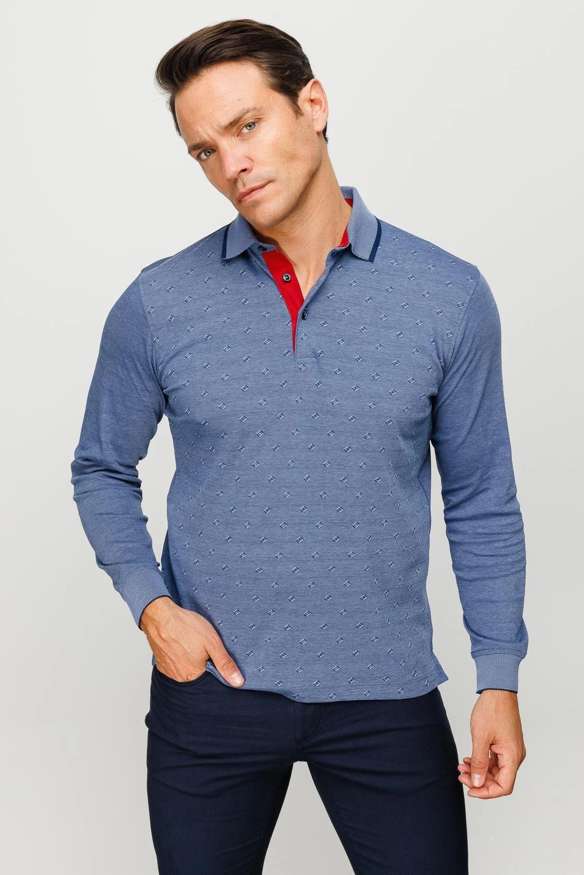 701Erkek Polo Yaka Kare Desenli Uzun Kollu Sweatshirt Lacivert
