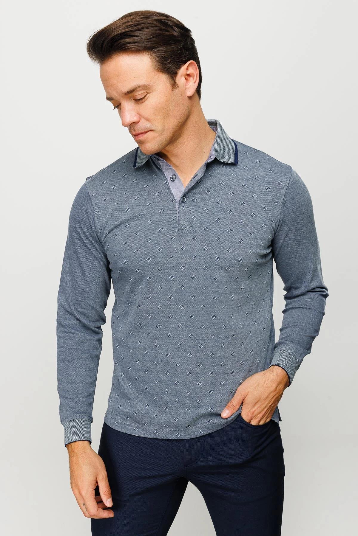 701Erkek Polo Yaka Kare Desenli Uzun Kollu Sweatshirt Füme