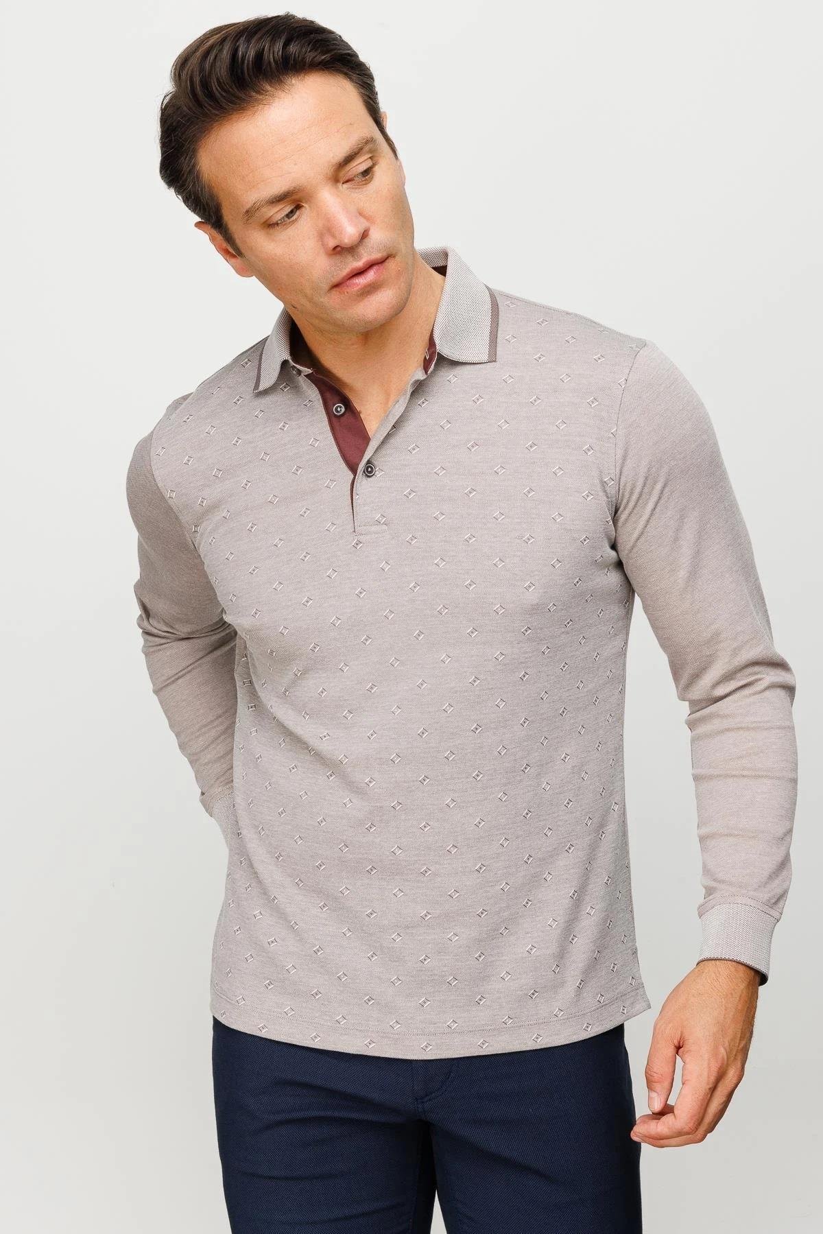 701Erkek Polo Yaka Kare Desenli Uzun Kollu Sweatshirt Bej