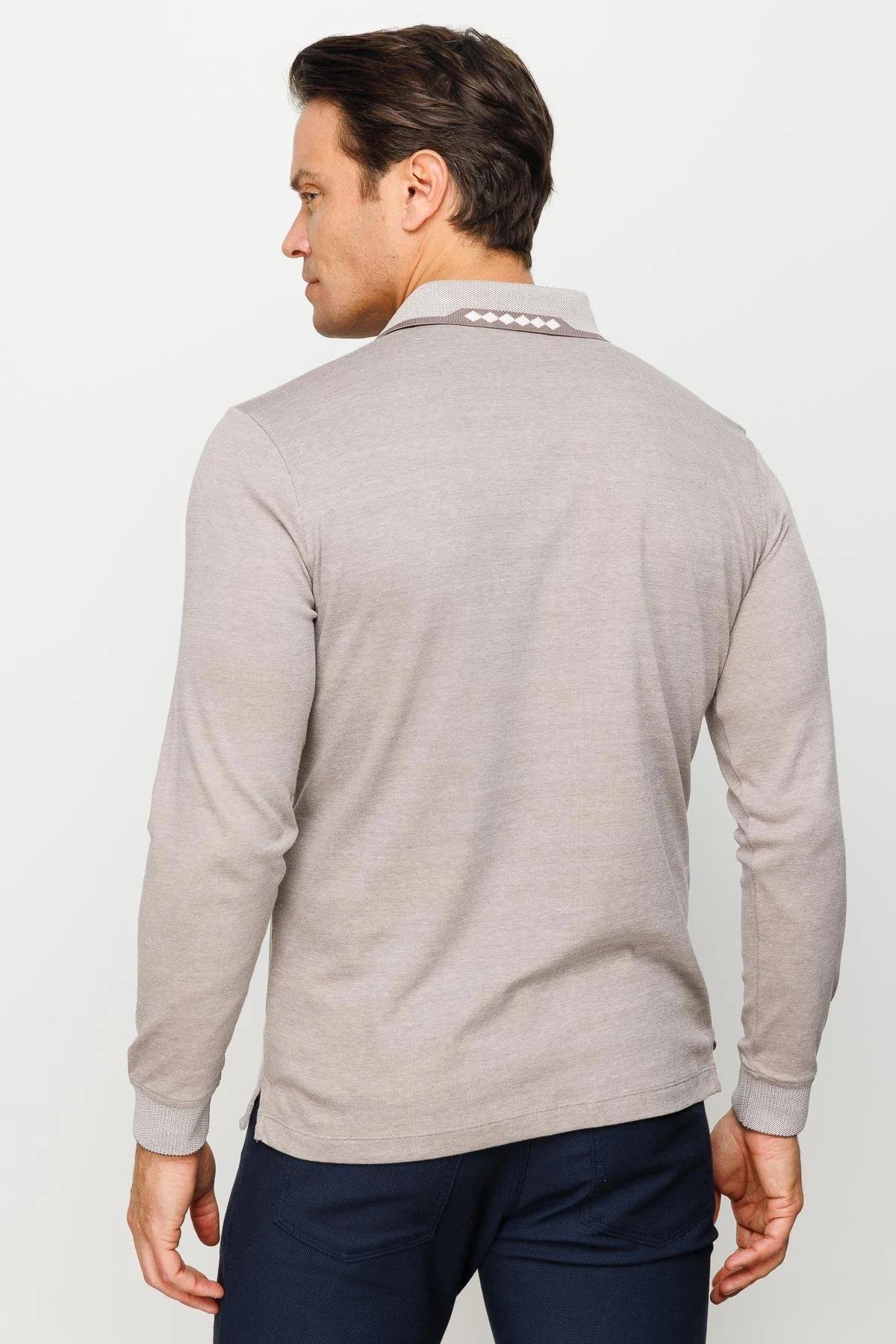 701Erkek Polo Yaka Kare Desenli Uzun Kollu Sweatshirt Bej