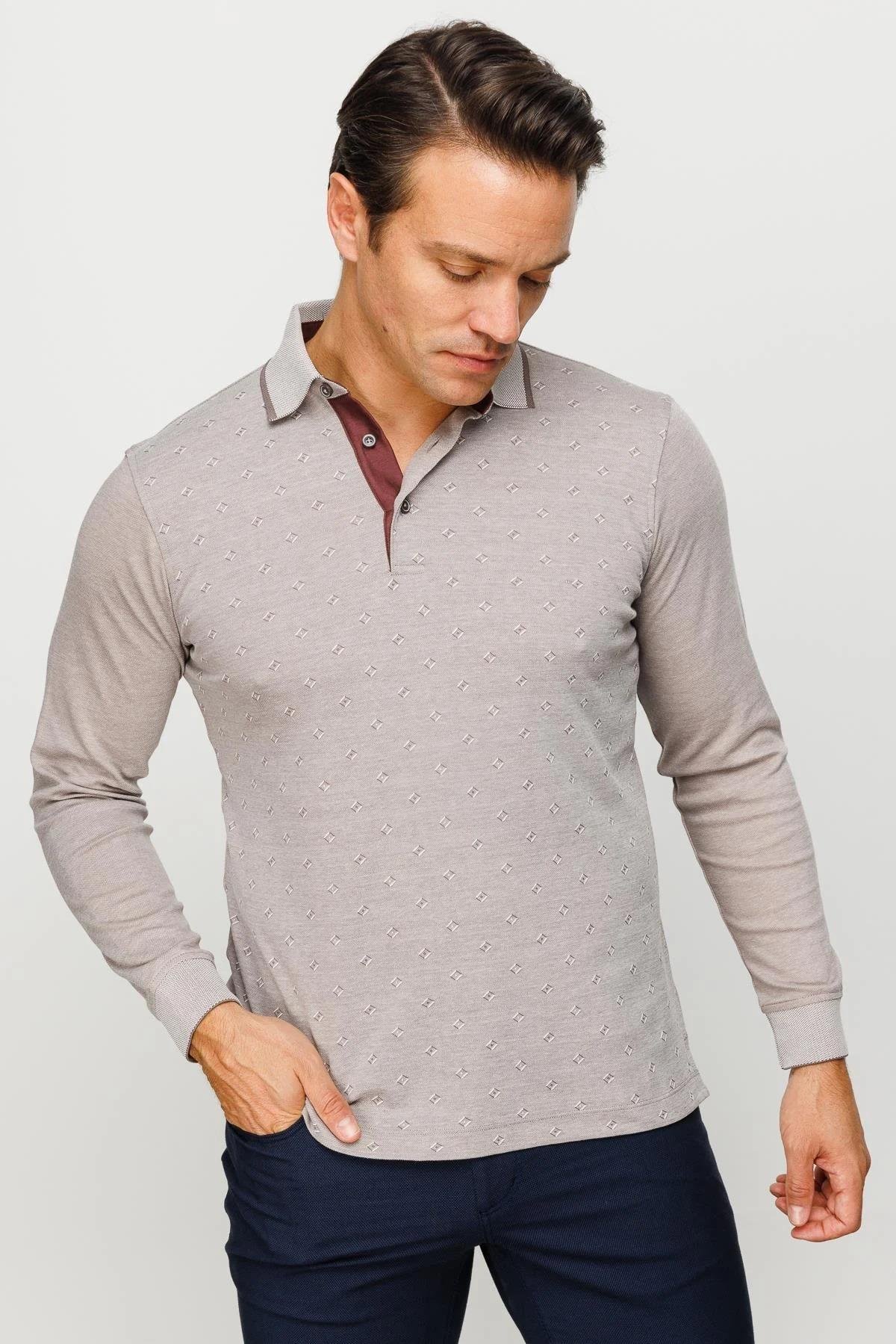 701Erkek Polo Yaka Kare Desenli Uzun Kollu Sweatshirt Bej