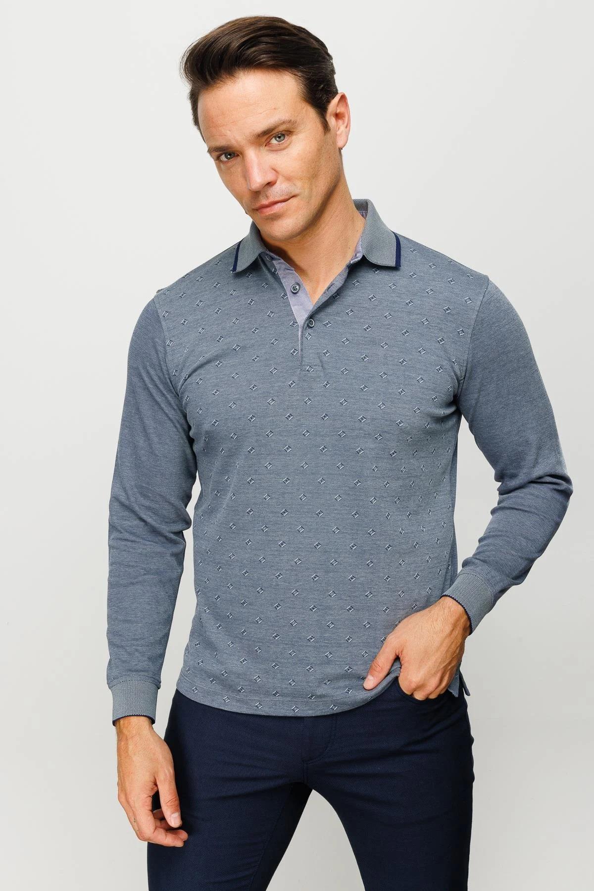 701Erkek Polo Yaka Kare Desenli Uzun Kollu Sweatshirt Füme