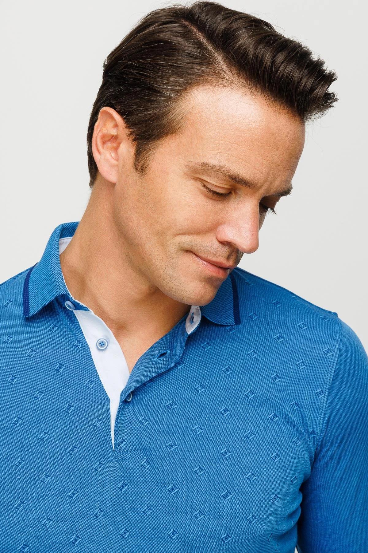 701Erkek Polo Yaka Kare Desenli Uzun Kollu Sweatshirt Saks