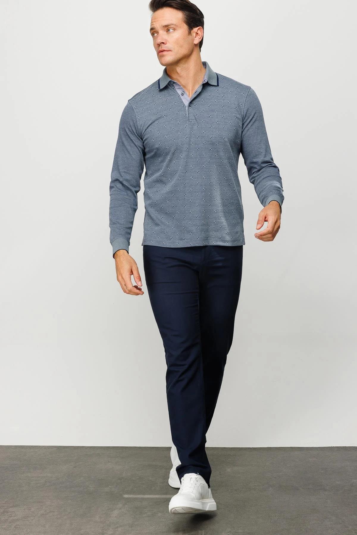 701Erkek Polo Yaka Kare Desenli Uzun Kollu Sweatshirt Füme