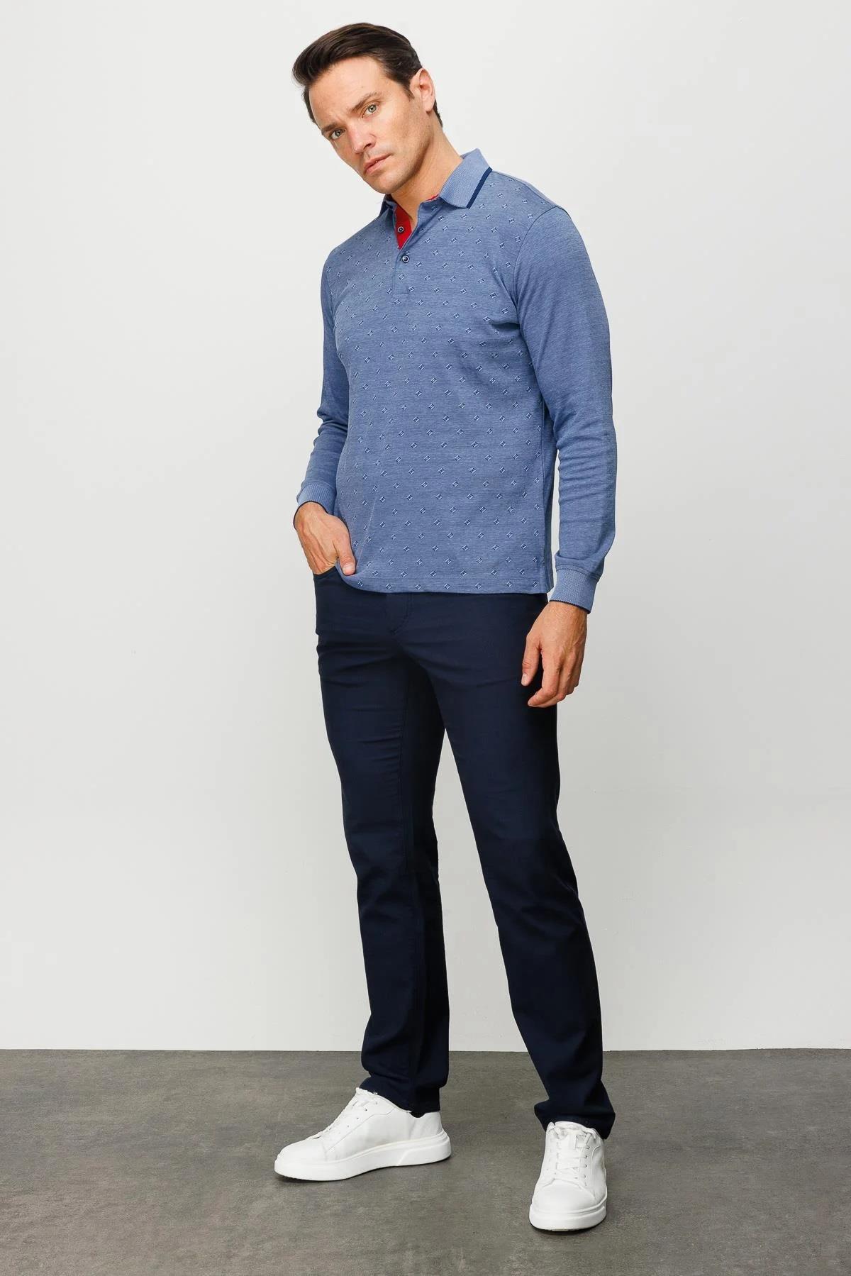 701Erkek Polo Yaka Kare Desenli Uzun Kollu Sweatshirt Lacivert