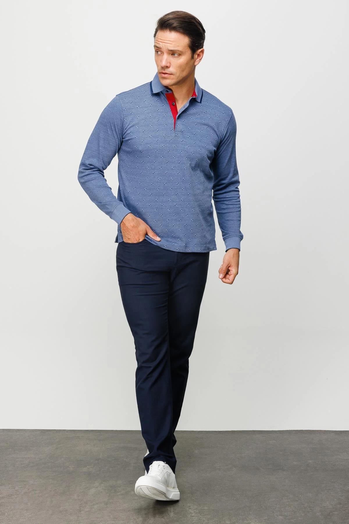 701Erkek Polo Yaka Kare Desenli Uzun Kollu Sweatshirt Lacivert