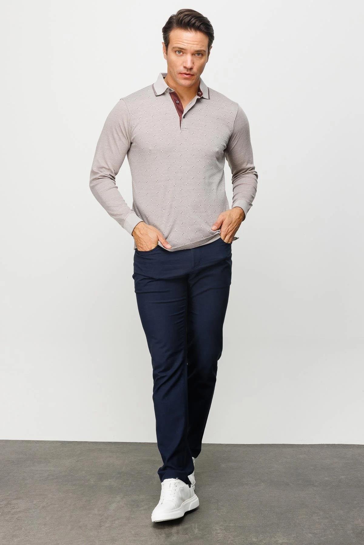 701Erkek Polo Yaka Kare Desenli Uzun Kollu Sweatshirt Bej