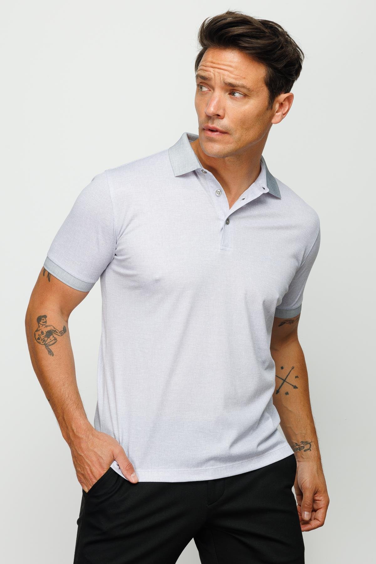 401Erkek Polo Yaka Keten Baskılı T-shirt Gri