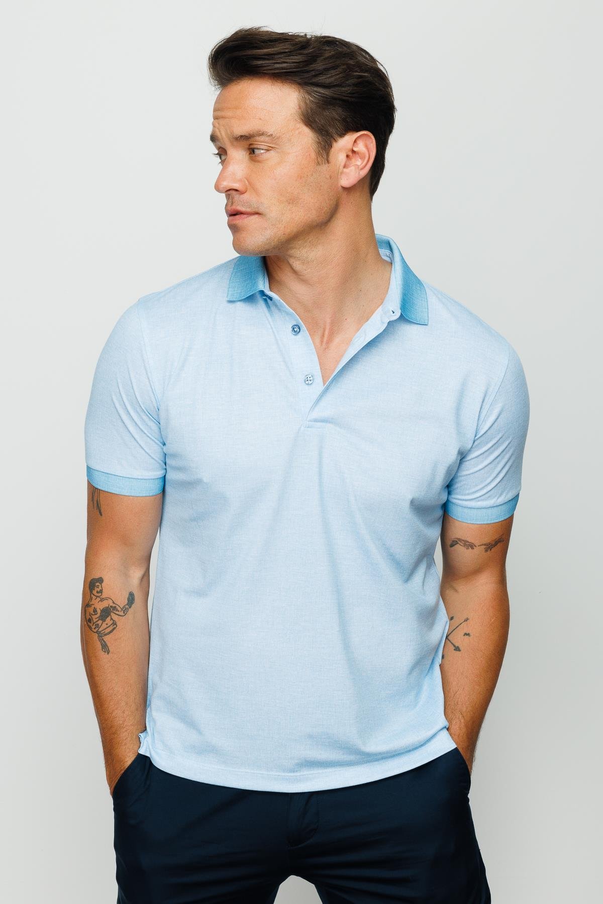 401Erkek Polo Yaka Keten Baskılı T-shirt Turkuaz