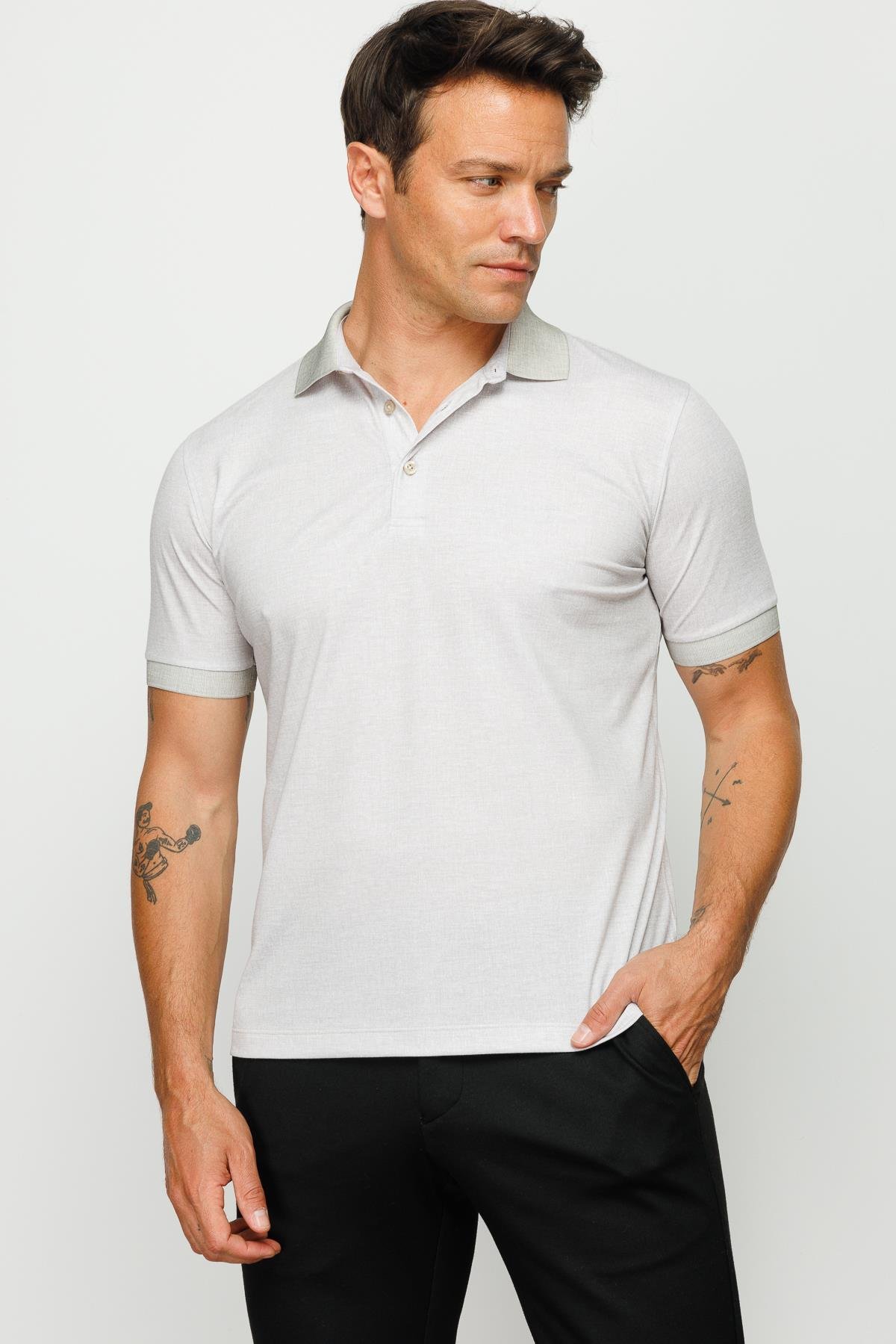 401Erkek Polo Yaka Keten Baskılı T-shirt Bej