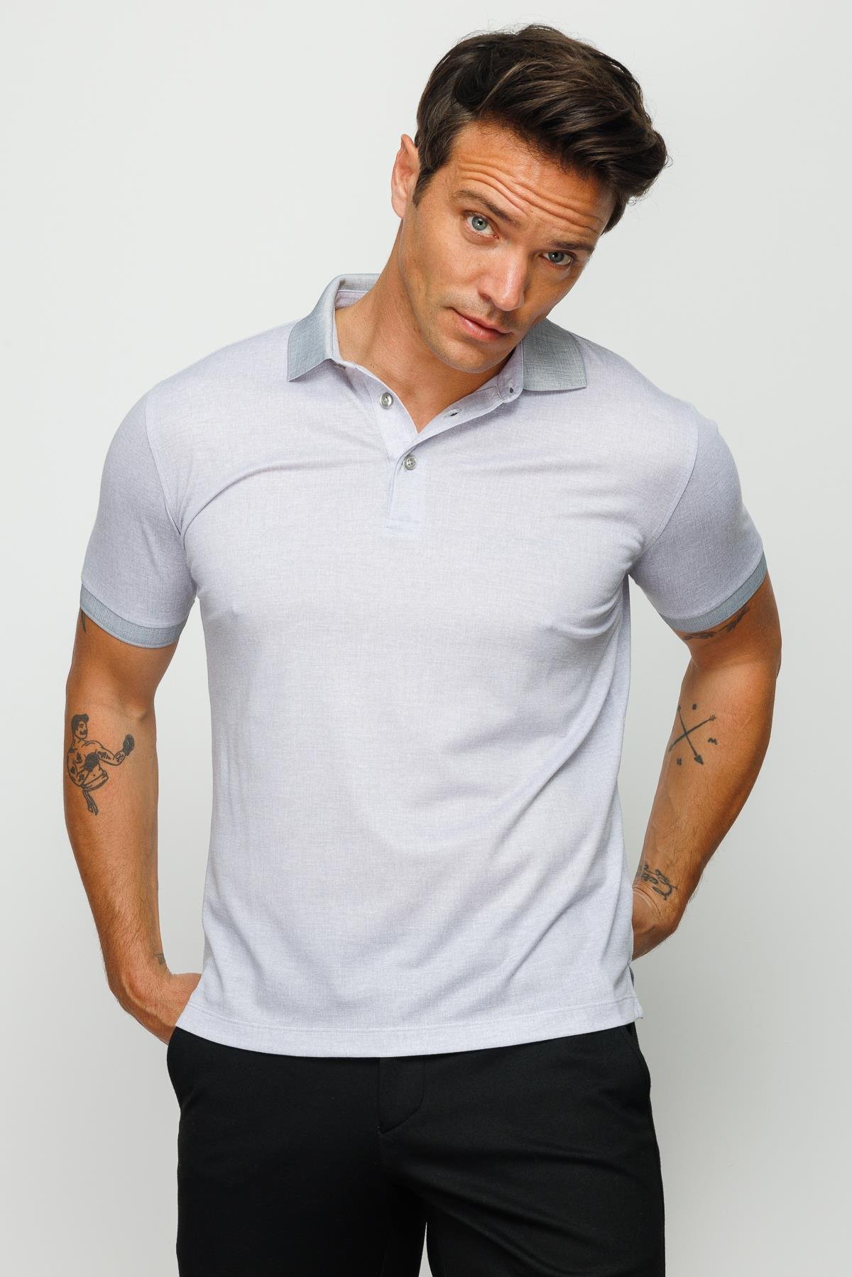 401Erkek Polo Yaka Keten Baskılı T-shirt Gri