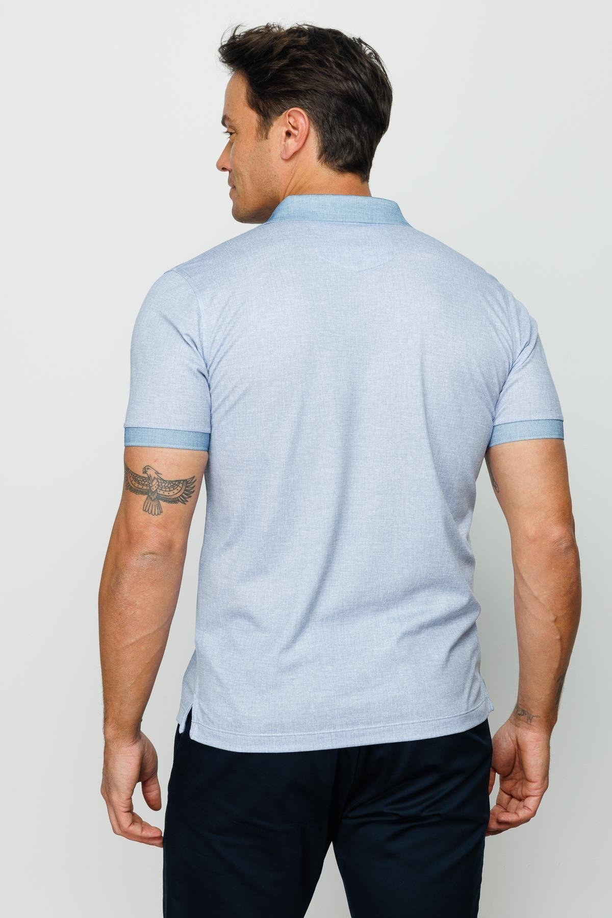 401Erkek Polo Yaka Keten Baskılı T-shirt K.Mavi