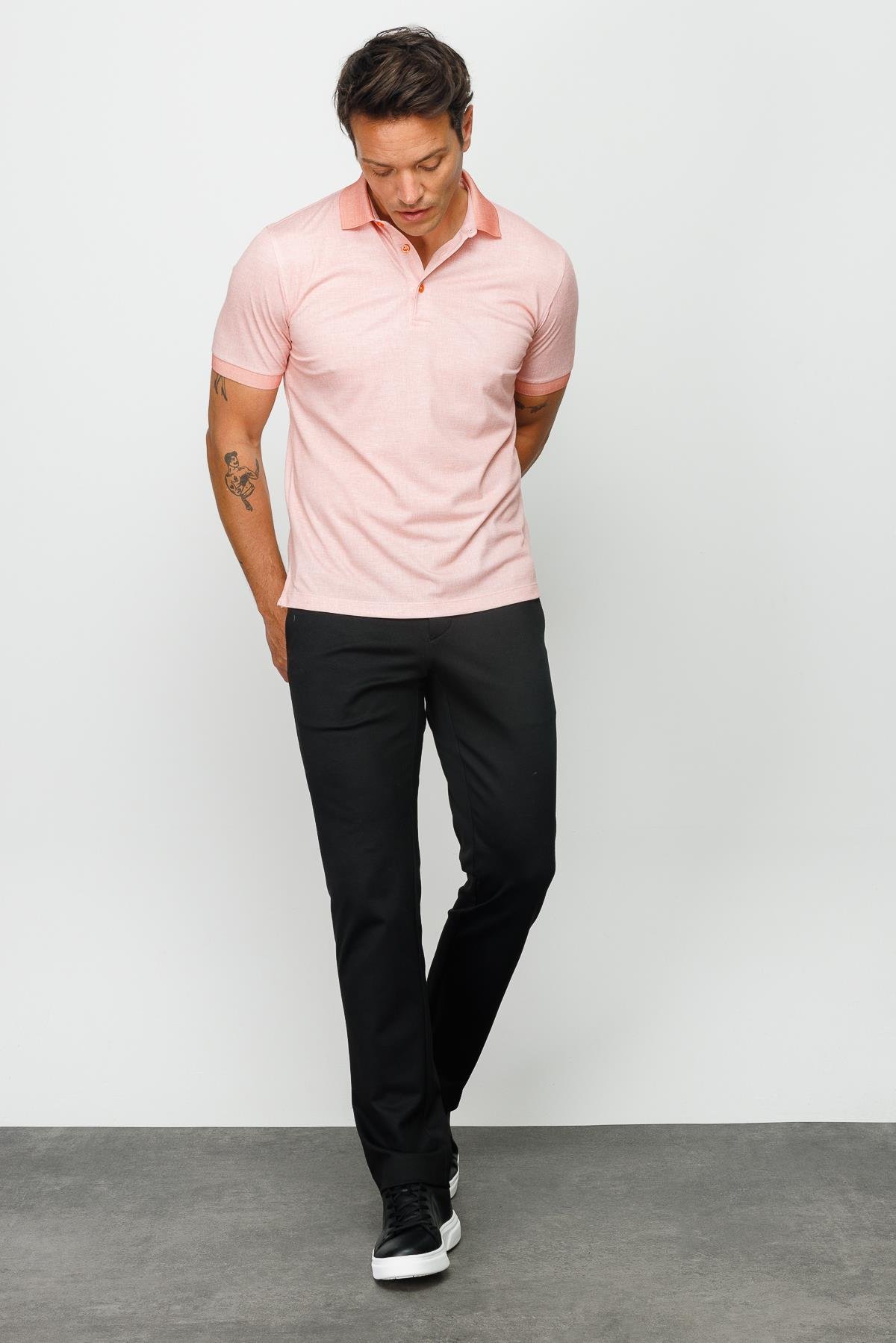 401Erkek Polo Yaka Keten Baskılı T-shirt Somon