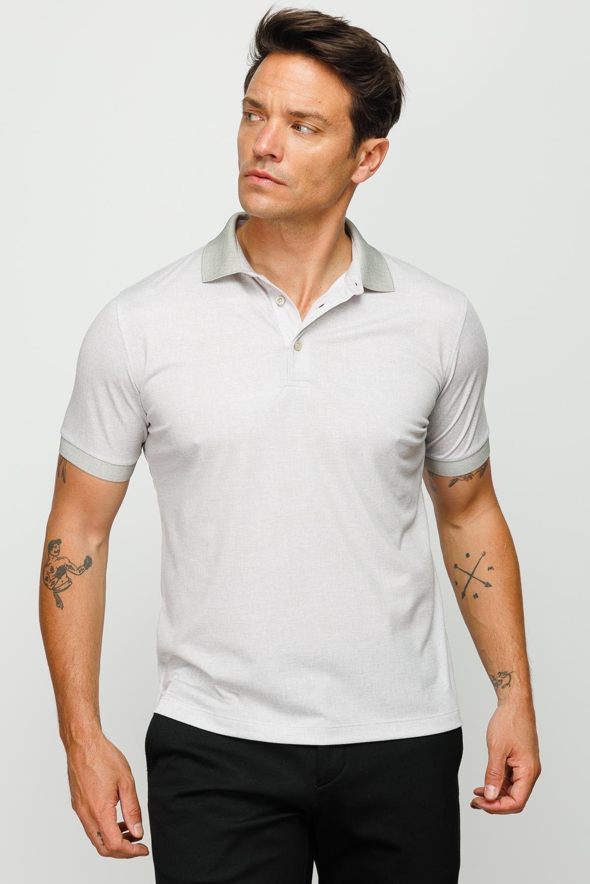 401Erkek Polo Yaka Keten Baskılı T-shirt Bej