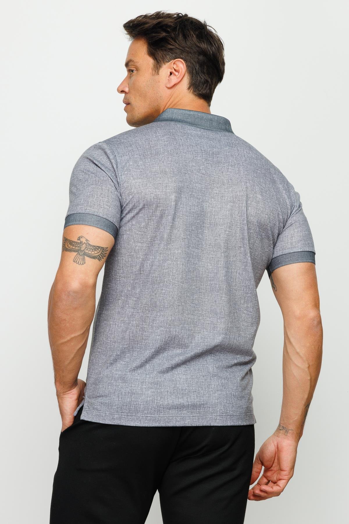 401Erkek Polo Yaka Keten Baskılı T-shirt Siyah