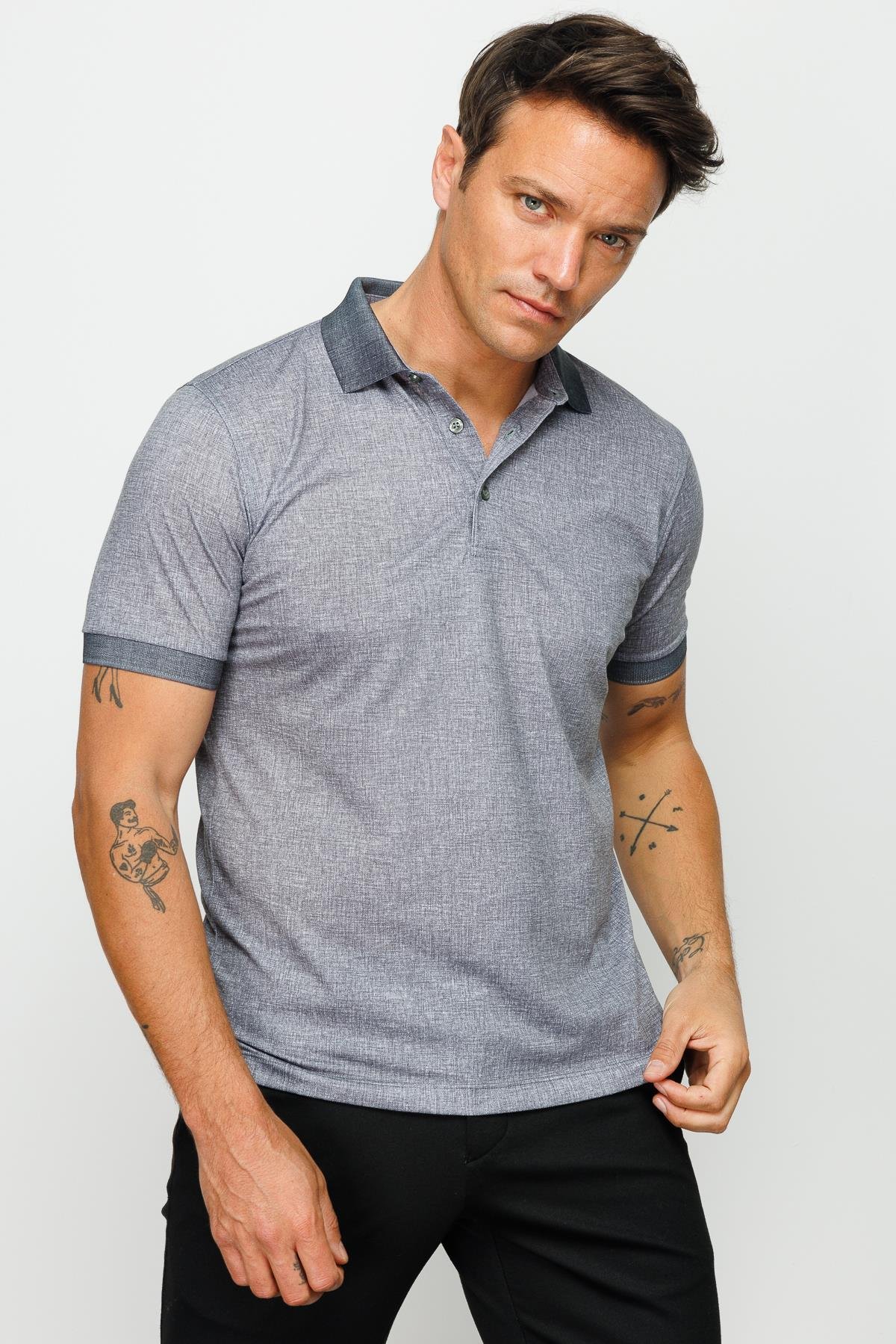 401Erkek Polo Yaka Keten Baskılı T-shirt Siyah