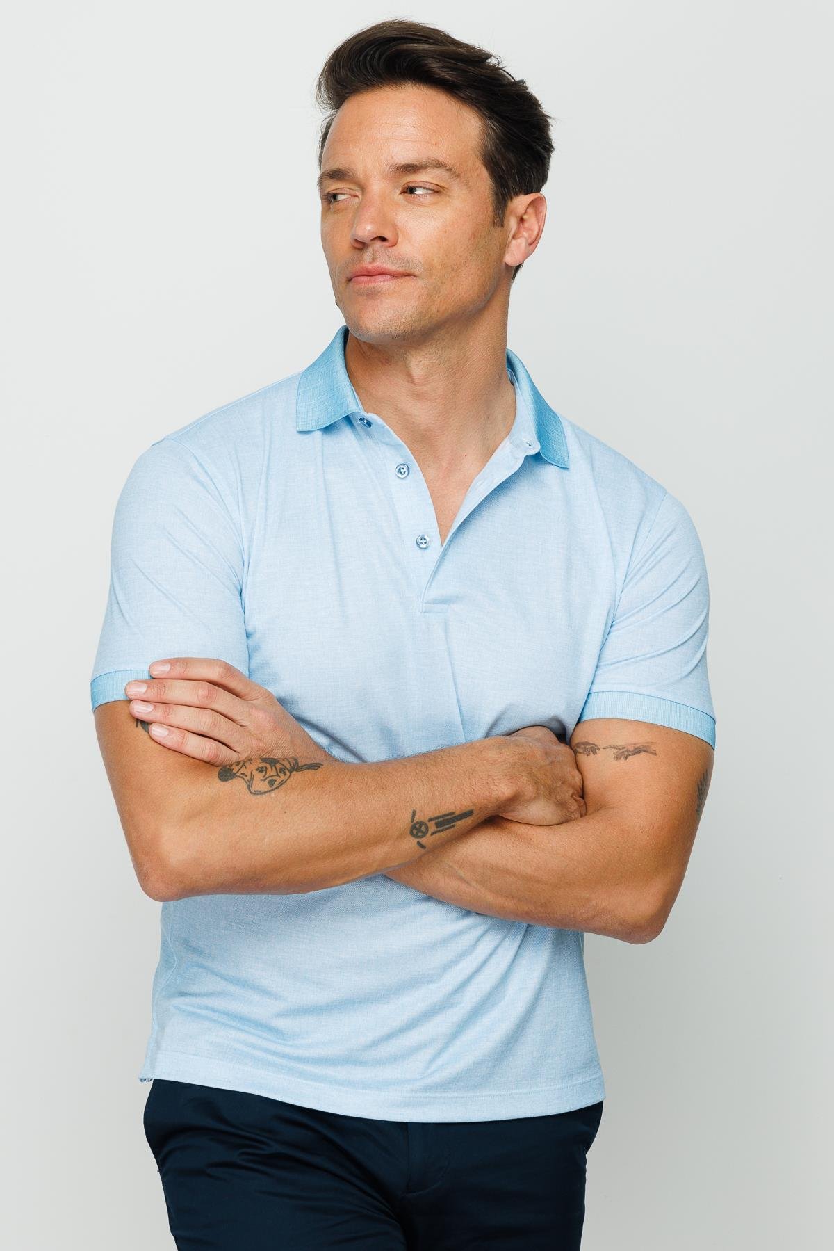 401Erkek Polo Yaka Keten Baskılı T-shirt Turkuaz