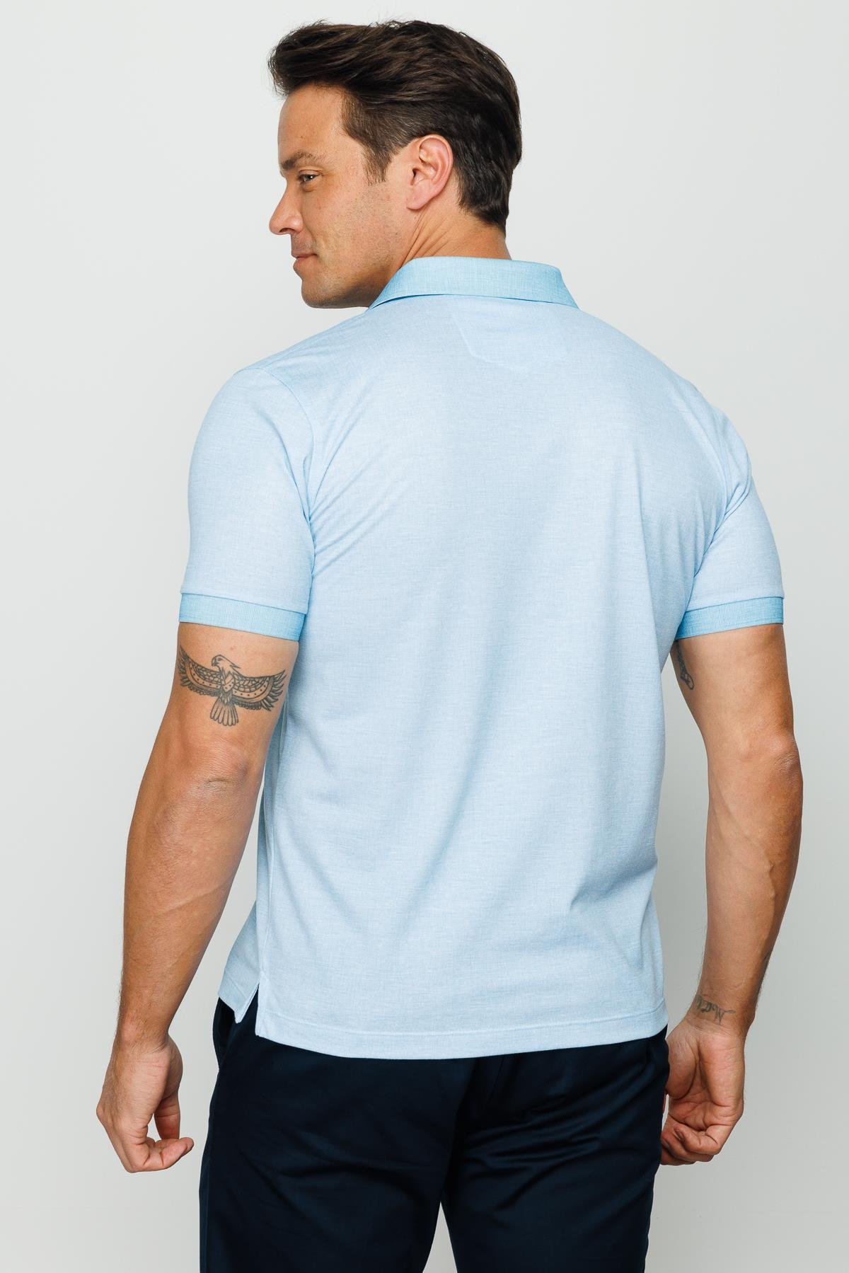 401Erkek Polo Yaka Keten Baskılı T-shirt Turkuaz