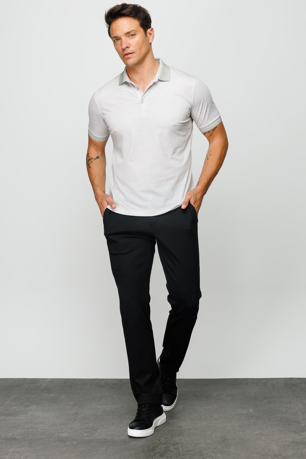 401Erkek Polo Yaka Keten Baskılı T-shirt Bej