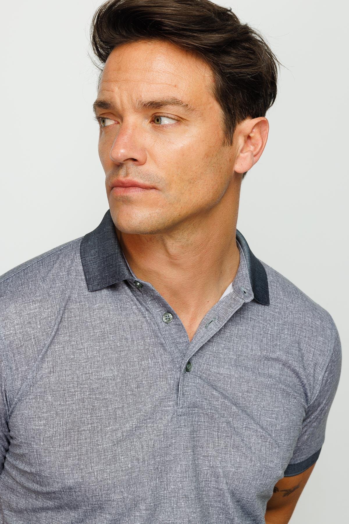 401Erkek Polo Yaka Keten Baskılı T-shirt Siyah