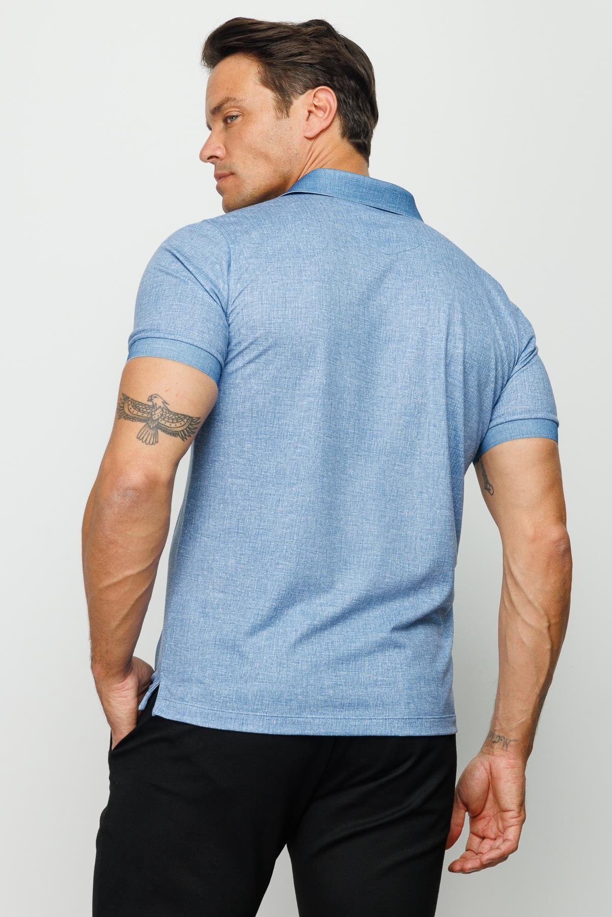 401Erkek Polo Yaka Keten Baskılı T-shirt Lacivert