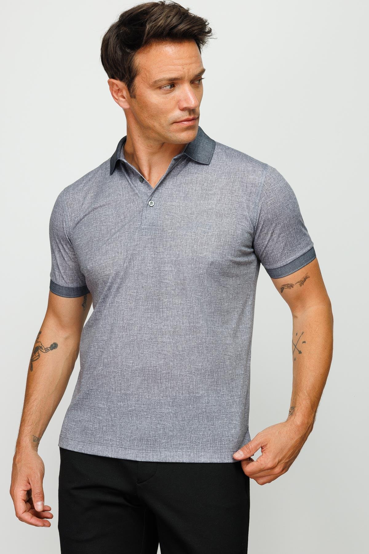 401Erkek Polo Yaka Keten Baskılı T-shirt Siyah