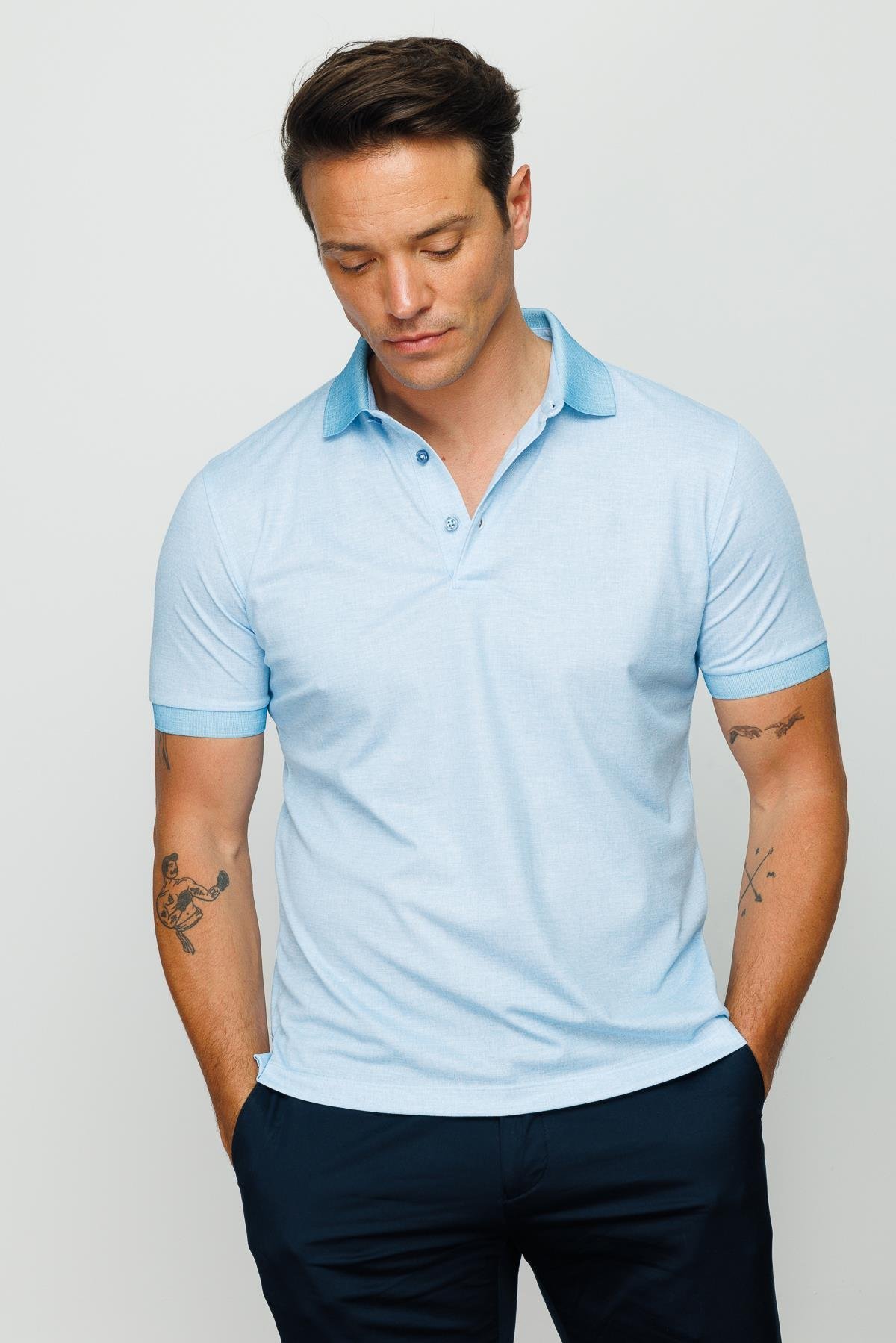 401Erkek Polo Yaka Keten Baskılı T-shirt Turkuaz