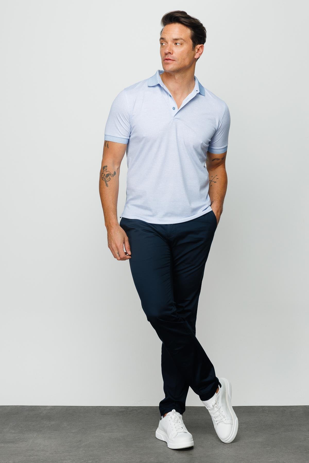 401Erkek Polo Yaka Keten Baskılı T-shirt A.Mavi