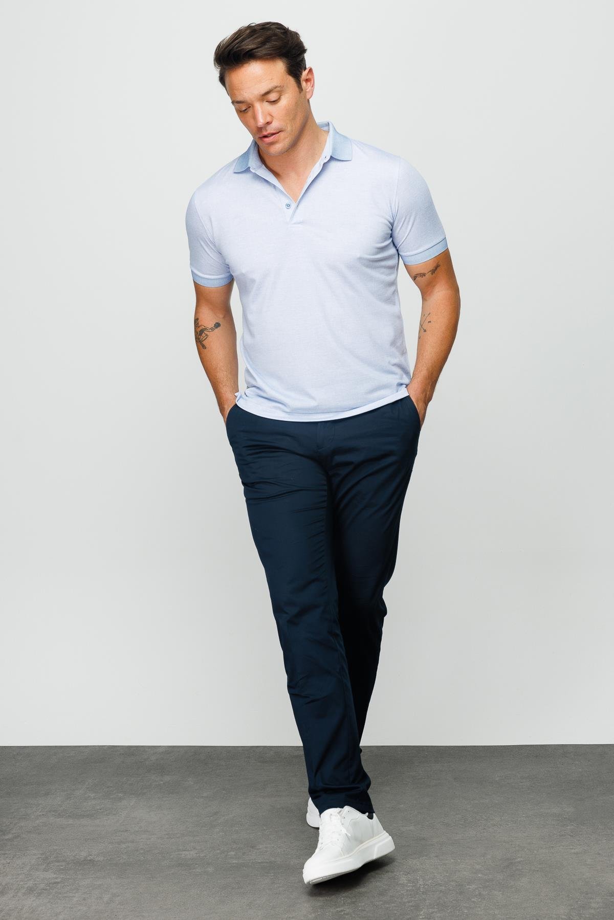 401Erkek Polo Yaka Keten Baskılı T-shirt A.Mavi