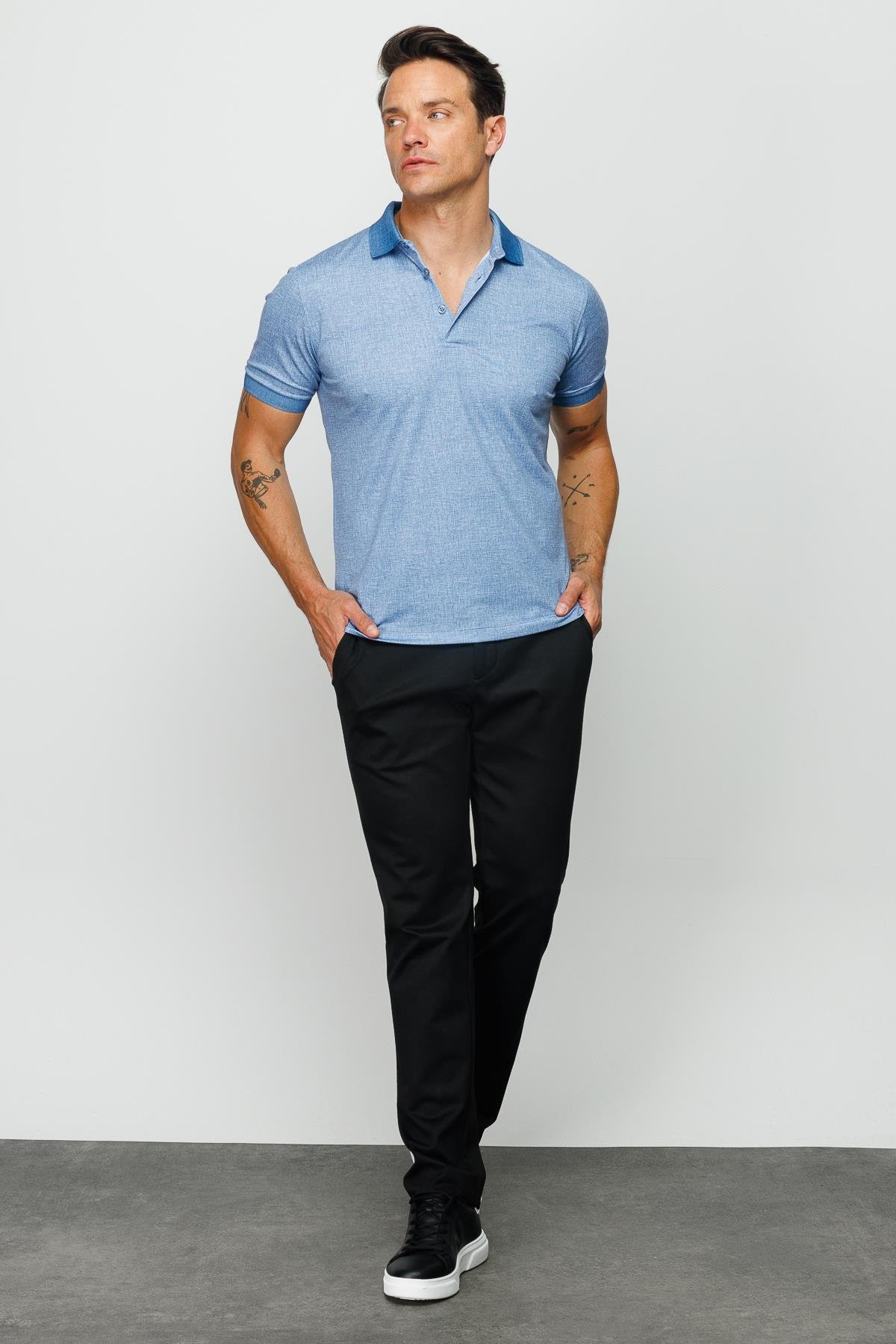 401Erkek Polo Yaka Keten Baskılı T-shirt Lacivert