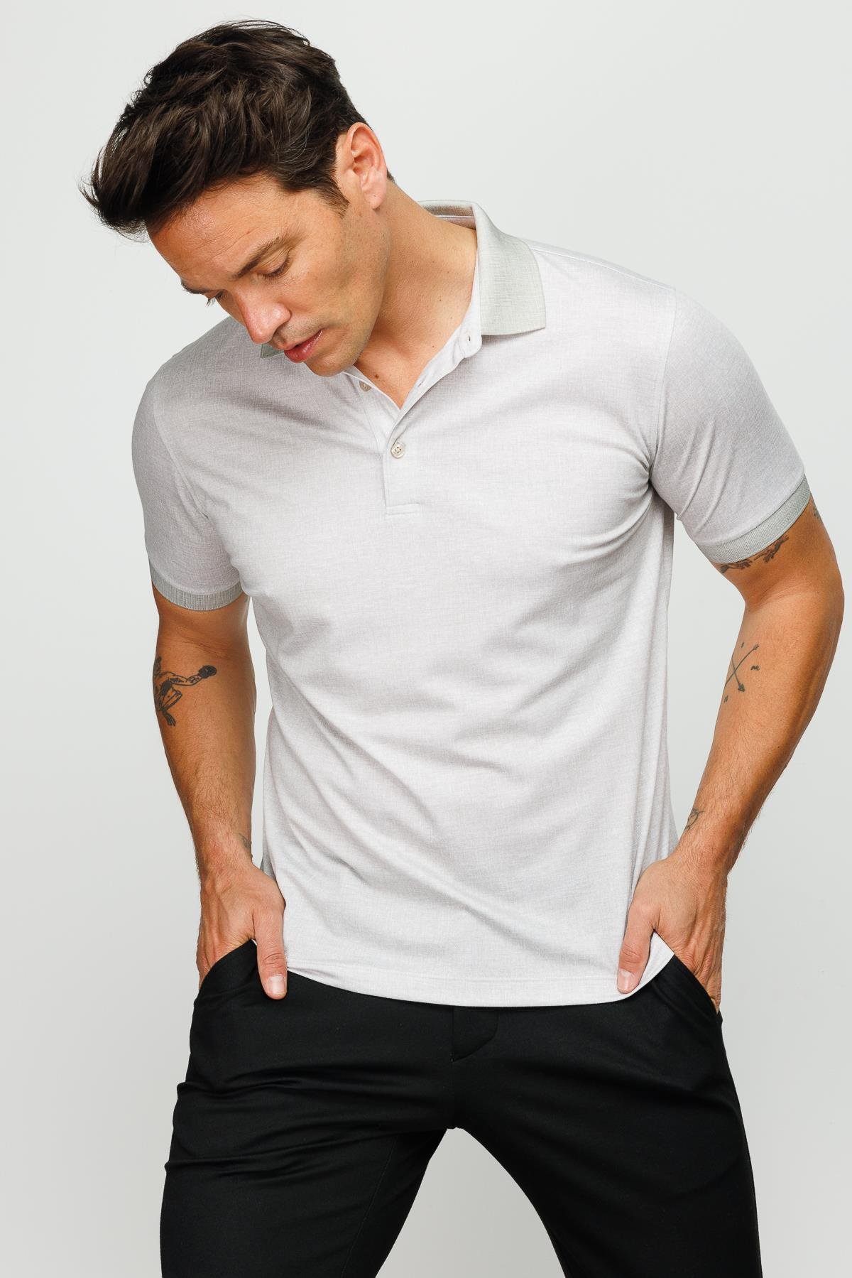 401Erkek Polo Yaka Keten Baskılı T-shirt Bej