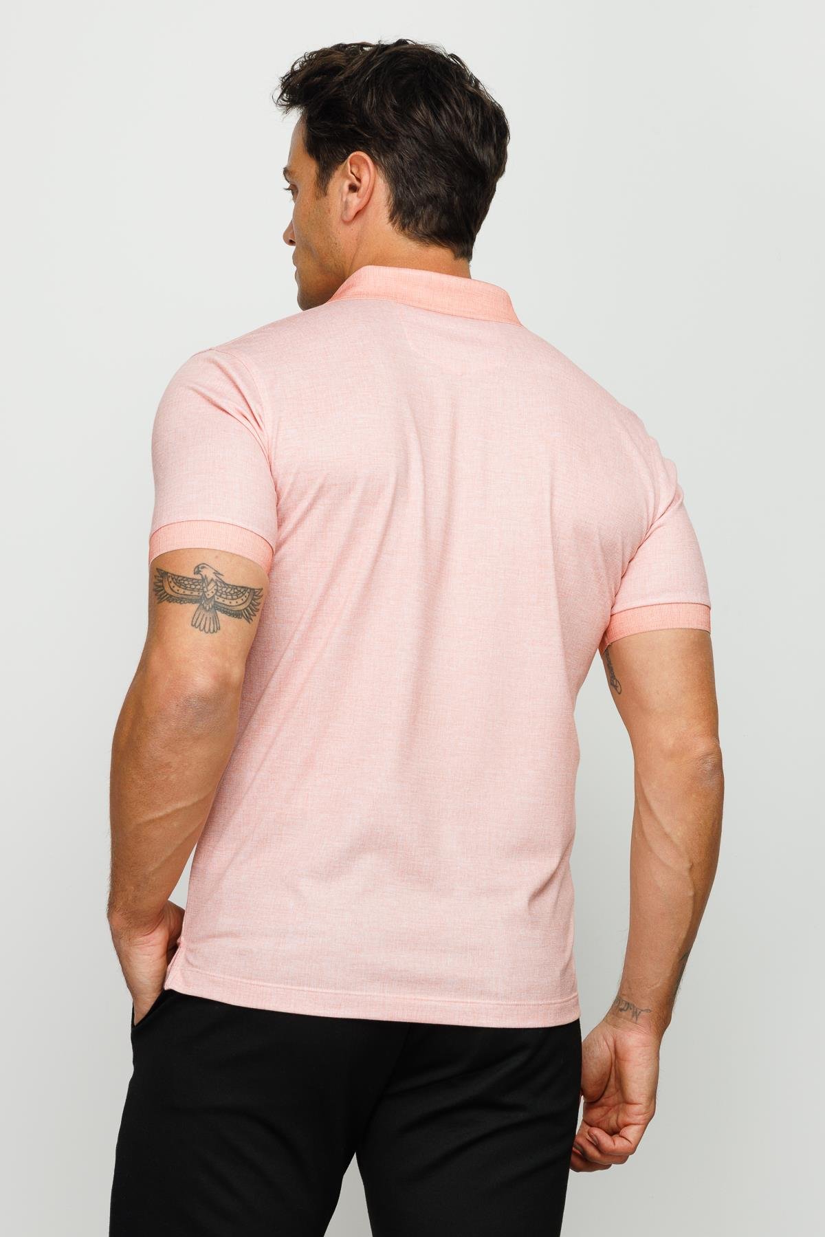 401Erkek Polo Yaka Keten Baskılı T-shirt Somon