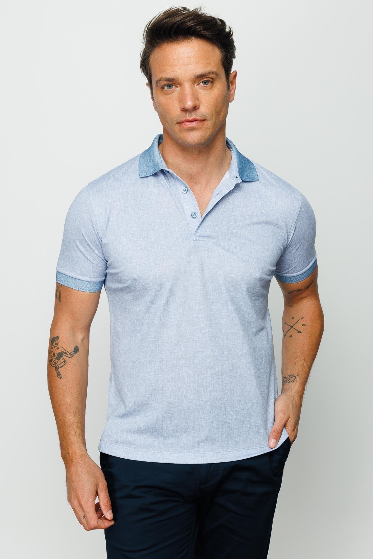 401Erkek Polo Yaka Keten Baskılı T-shirt K.Mavi