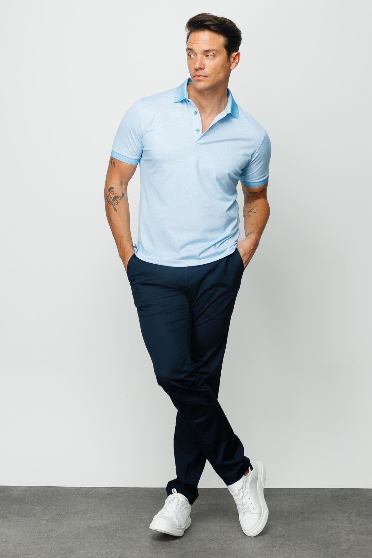 401Erkek Polo Yaka Keten Baskılı T-shirt Turkuaz