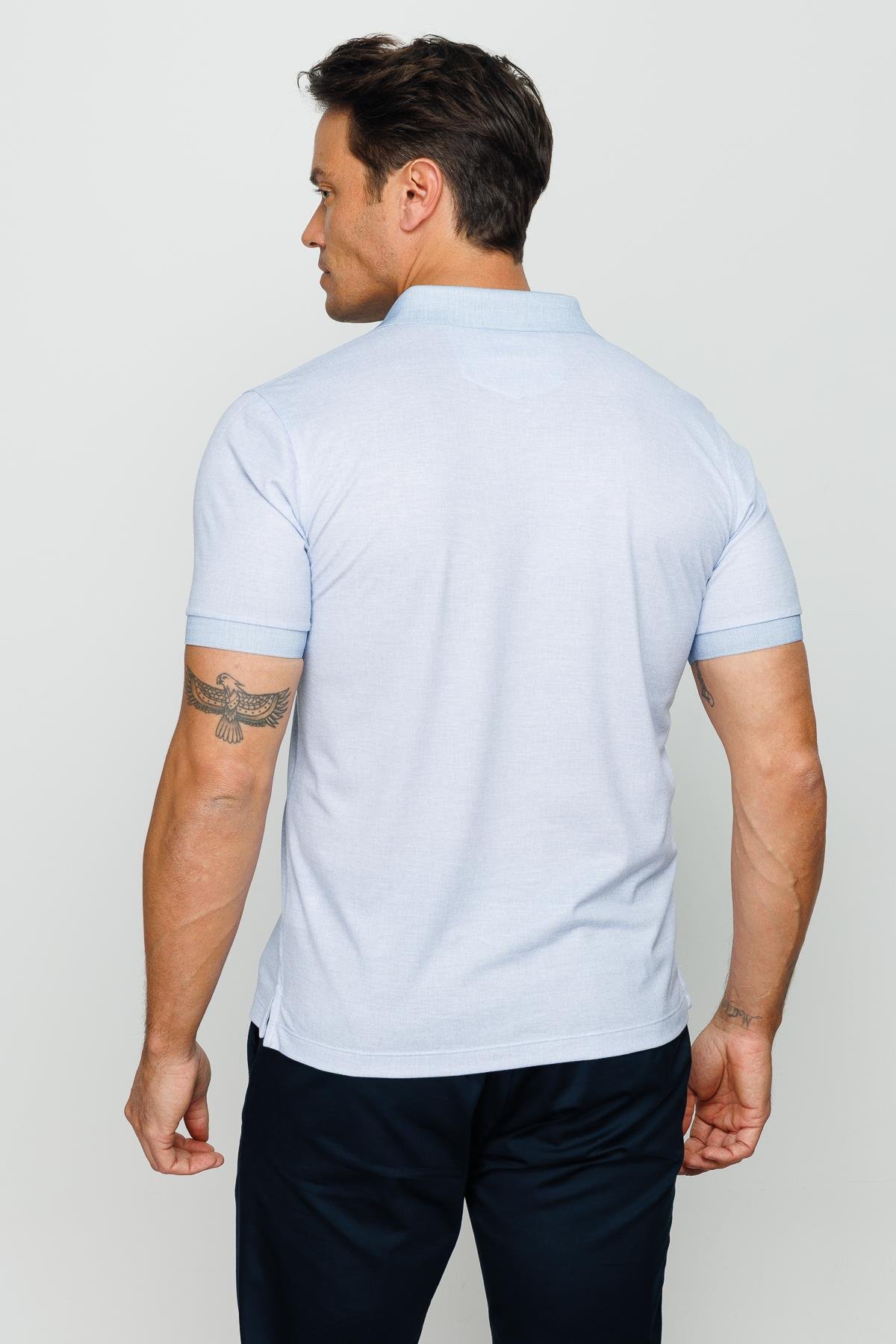 401Erkek Polo Yaka Keten Baskılı T-shirt A.Mavi