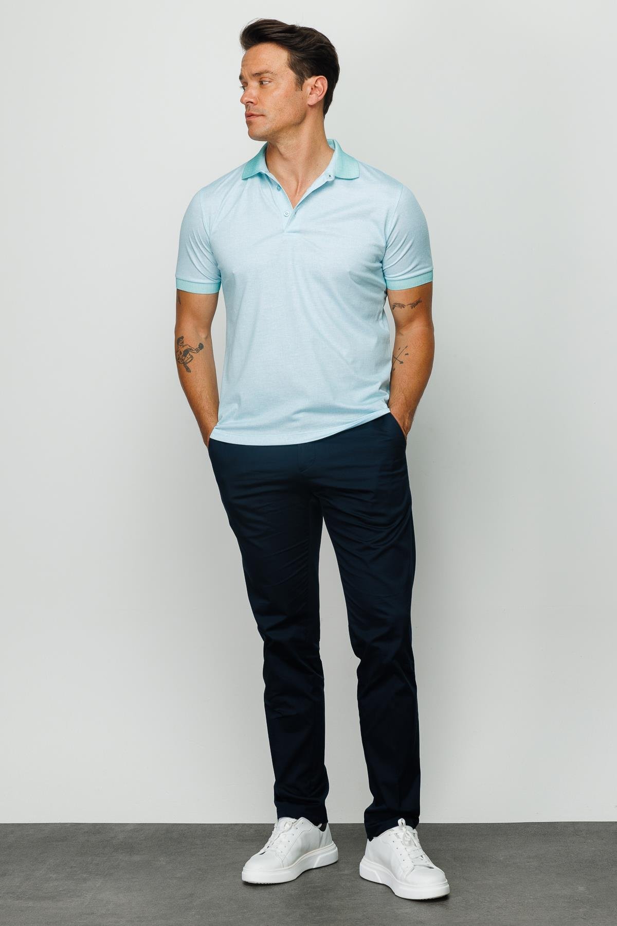 401Erkek Polo Yaka Keten Baskılı T-shirt M.Yeşili