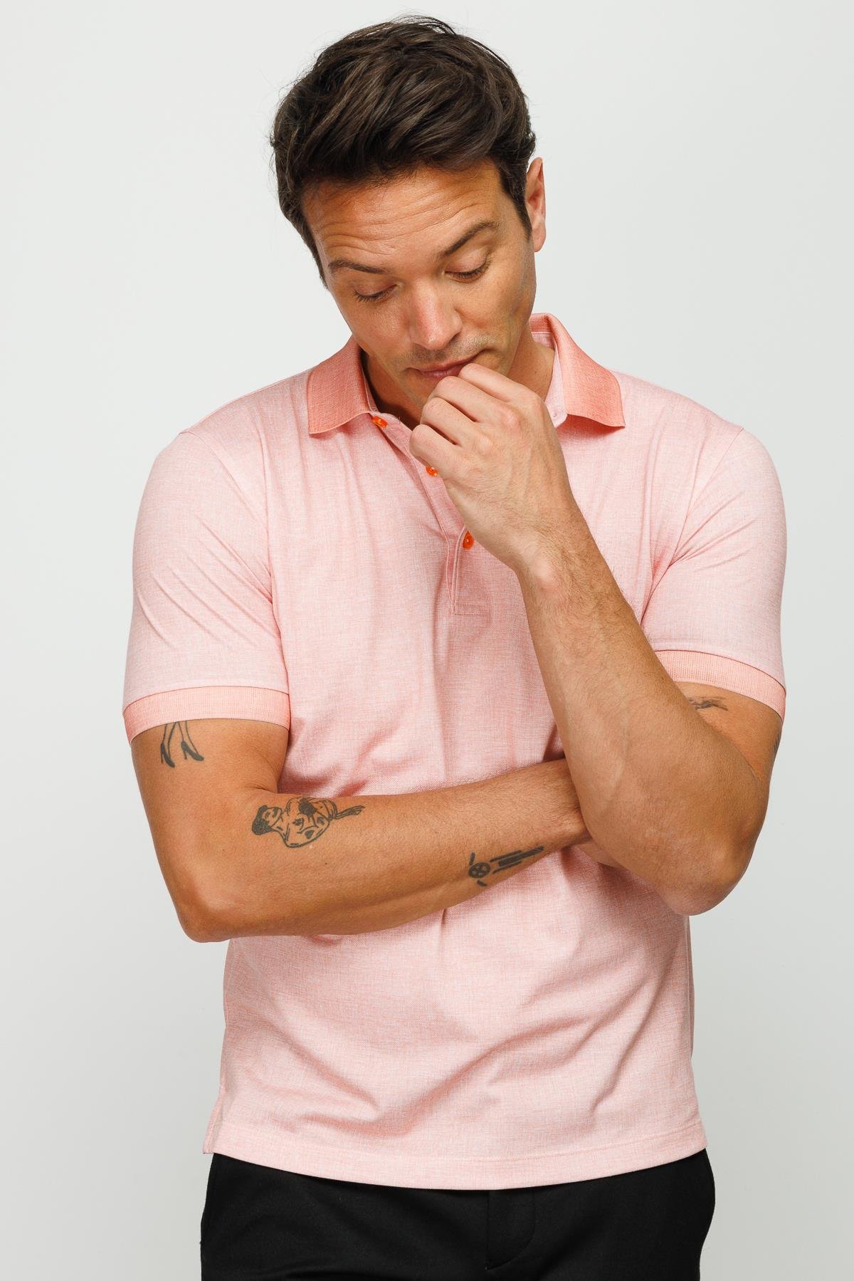 401Erkek Polo Yaka Keten Baskılı T-shirt Somon